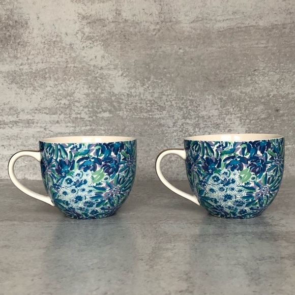 Lilly Pulitzer Ceramic Mugs Cups 2 Piece Blue Floral Print - Picture 6 of 10